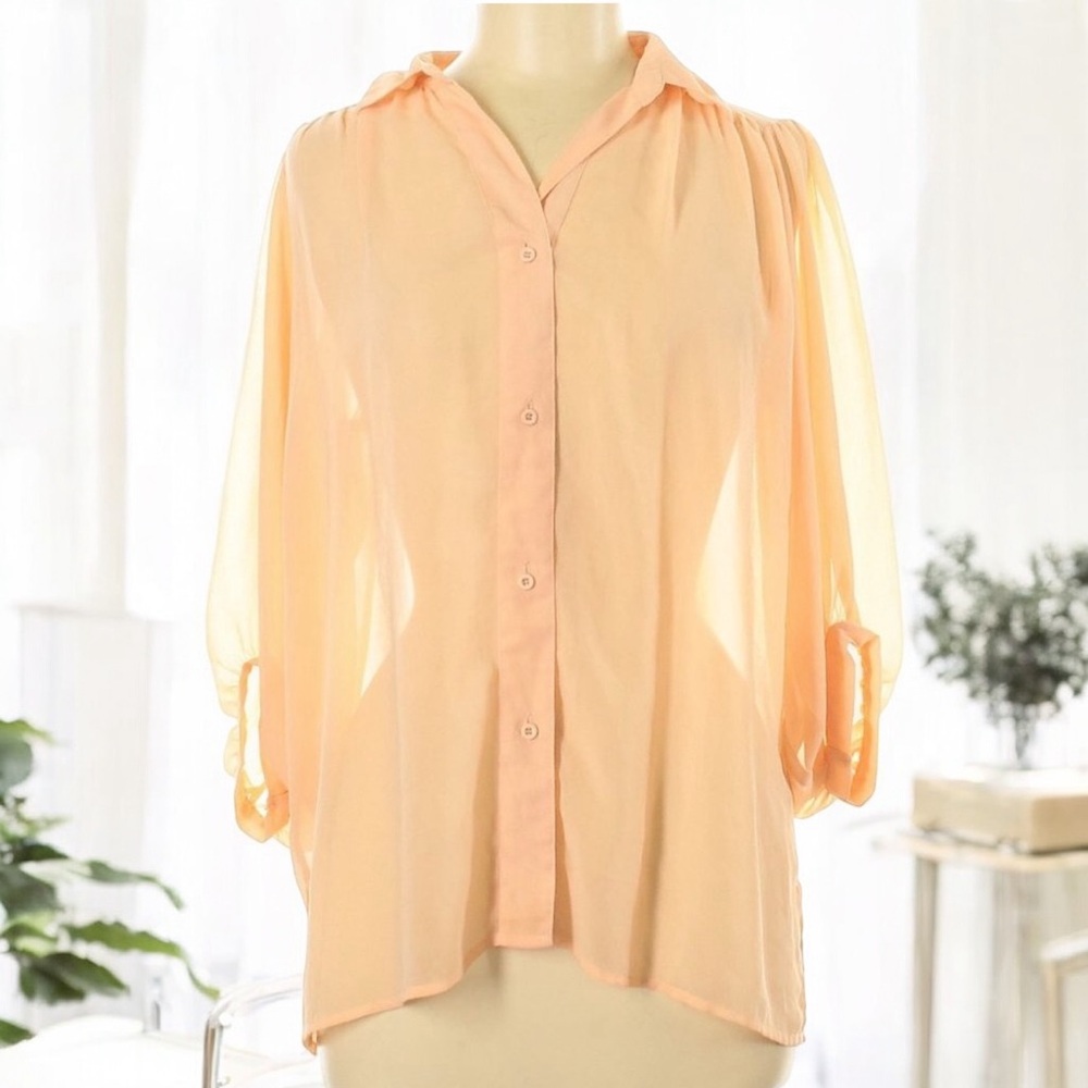 MinkPink Sheer Peach Button-Up Blouse | Balloon Sleeve | Size M